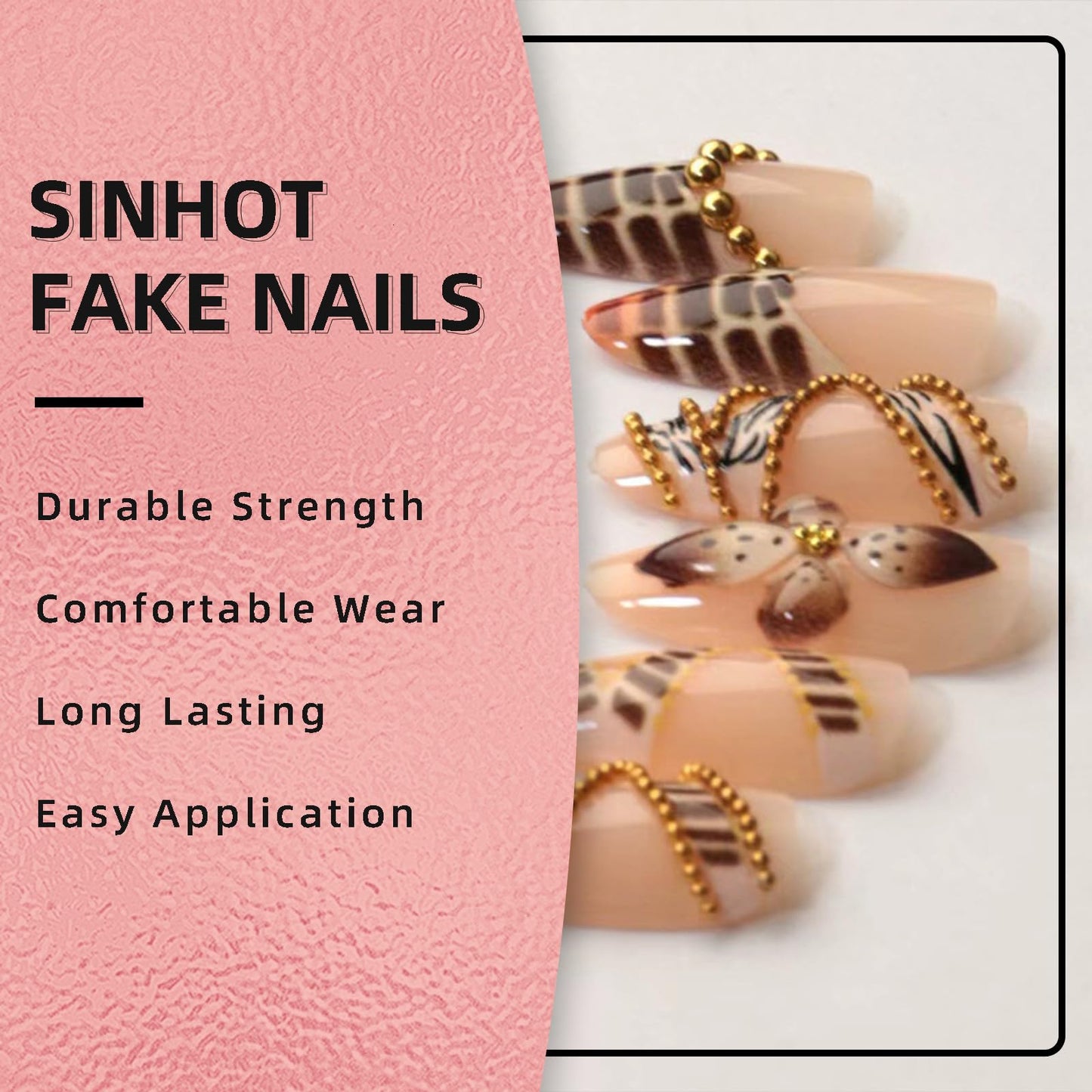 SINHOT Press on Nails - Medium Almond Fake Nails, Glossy Finish, Zebra Stripes & 3D Flower, DIY Artificial False Nail Art - 24 Pcs Nail Kit with Glue