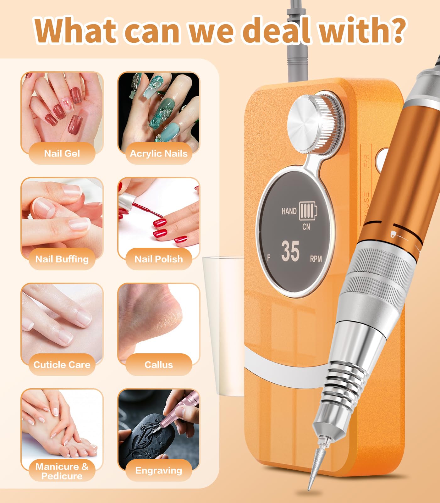 Electric Nail Drill Professional, Portable Rechargeable 35000 RPM - Cordless Electric Nail File Machine Kit for Acrylic Gel Polishing Removing, Manicure at Home DIY & Salon (Orange)