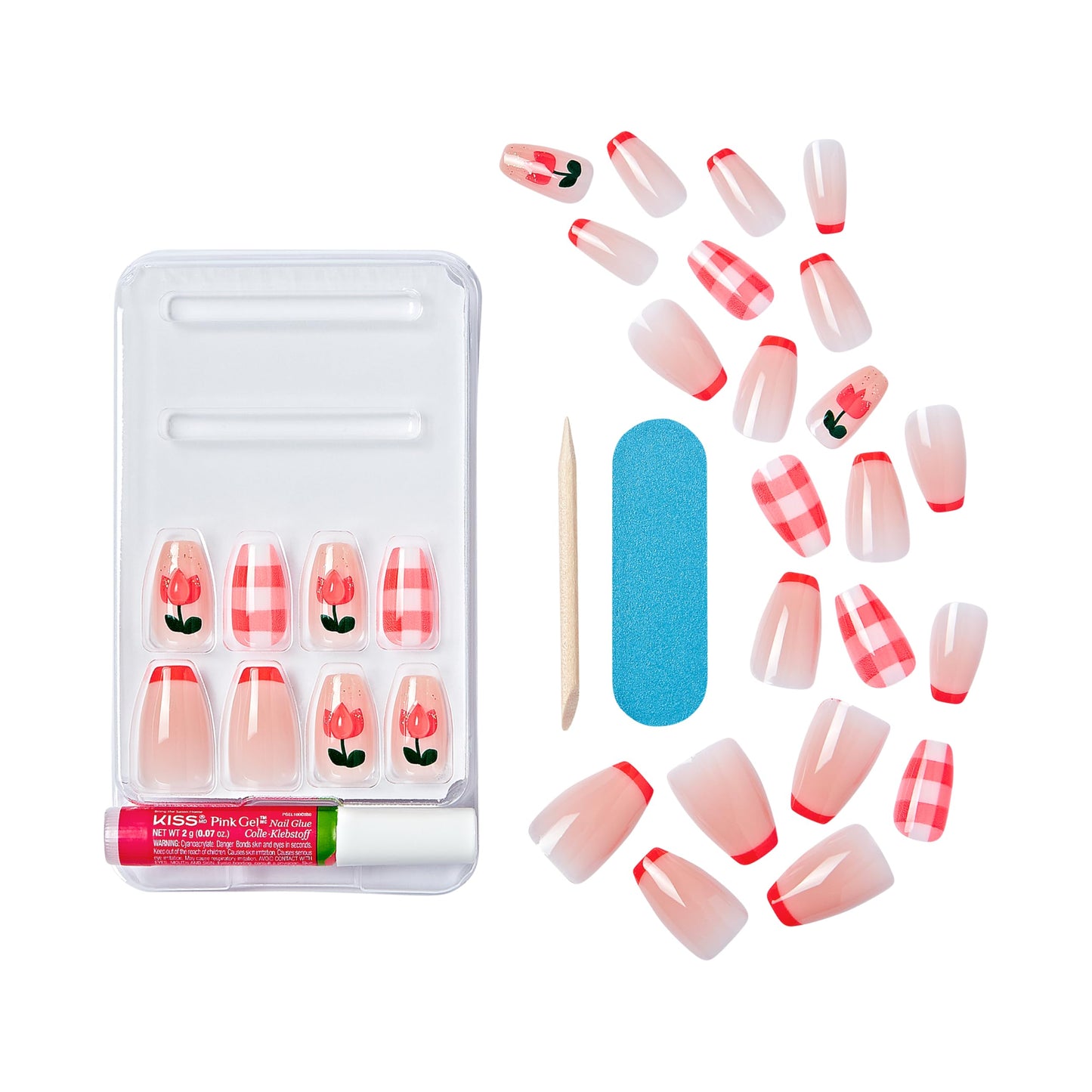 KISS Gel Fantasy Allure Press On Nails, Ready to Wear, 3D Design, Waterproof, Pink Gel Nail Glue 0.07 Oz. (2g), Manicure Stick & Mini File, 28 Count
