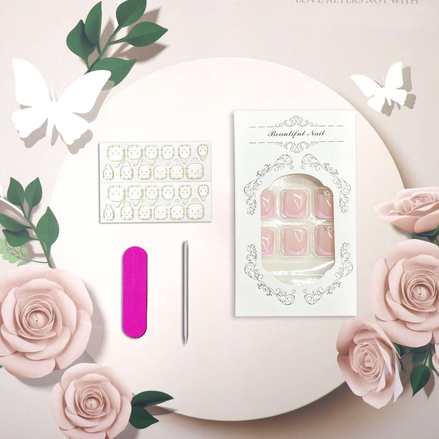 Pink French Tip Press on Toenails Summer False Toenails Cute 3D Flower Toe Nails Reusable Full Cover Toe Nails for Women
