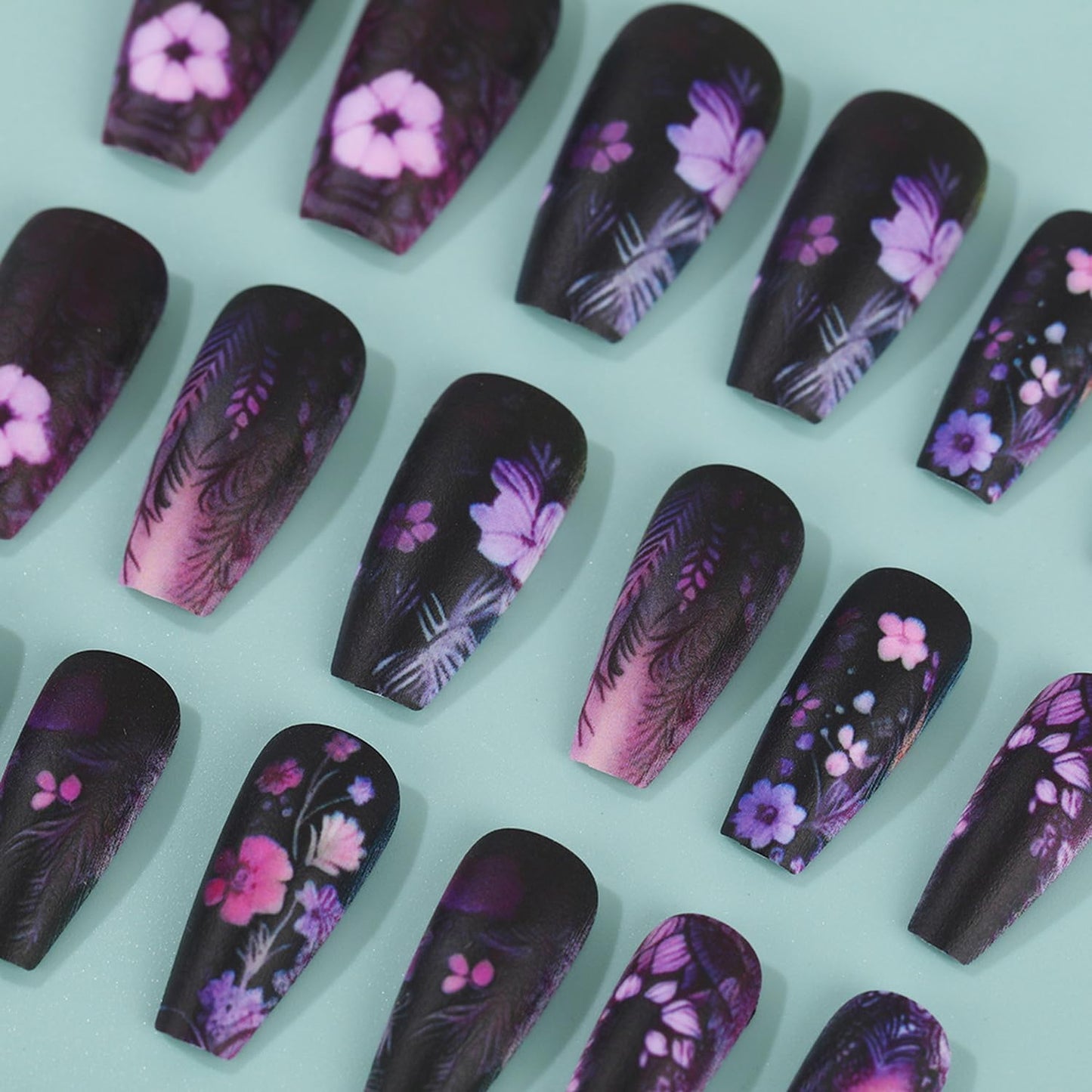 24pcs Flower Press on Nails Medium Length Fake Nails with designs Black Purple Acrylic Full Cover Coffin False Nails Matte Floral Stick on Nail Reusable Gel Glue on Nails for Women Girls Finger Decor