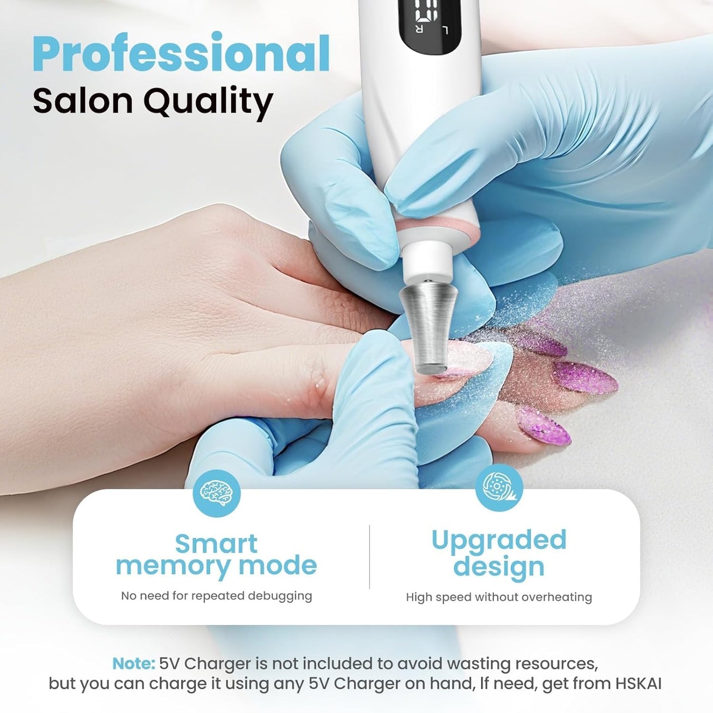 HSKAI Professional Nail Drill Kit: Electric Nail File with LCD & Lamp, Long-Lasting Thick Toenail Grinder, Rechargeable & Cordless Toe Nail Dremel Tools for Women & Men Manicure and Pedicure Gifts