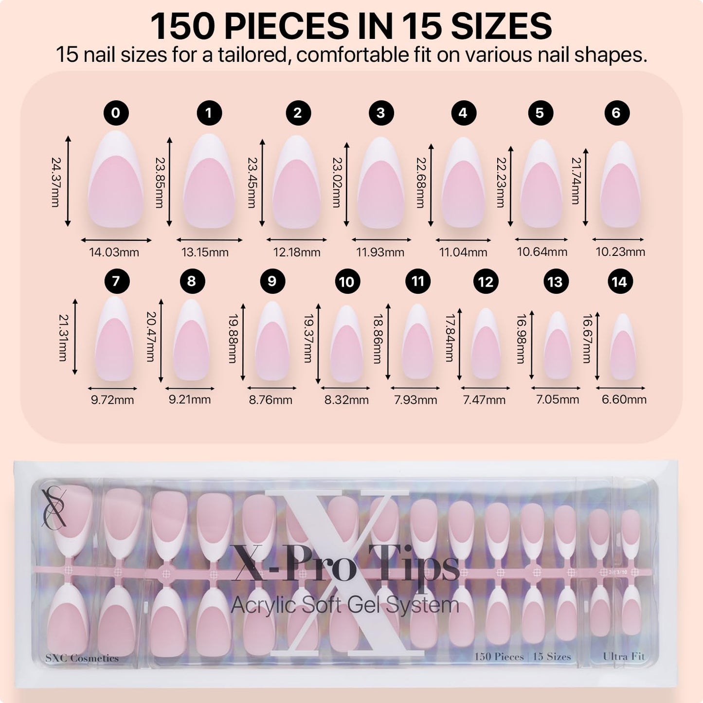SXC Cosmetics French Tip Press On Nails Pink Medium Almond 150 Pieces in 15 Sizes Ultra Fit with Pre-applied Tip Primer and Base Coat, No Need to File Fake Nails for Nail Art DIY X-Pro Tips