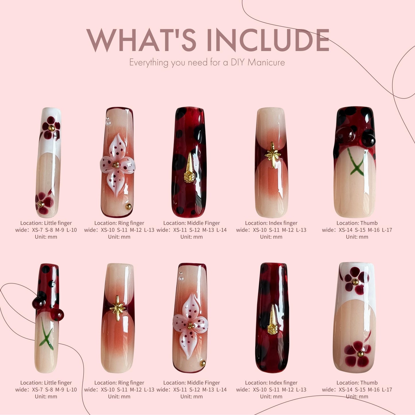 Rouge Sonata 10pcs Press On Nails for Women, Crimson Floral Golden Accent Acrylic UV Gel Wearable Nails, Korean Style Wine Red Gradient Cherry Blossom Fake Nails Set (Dark red, M)