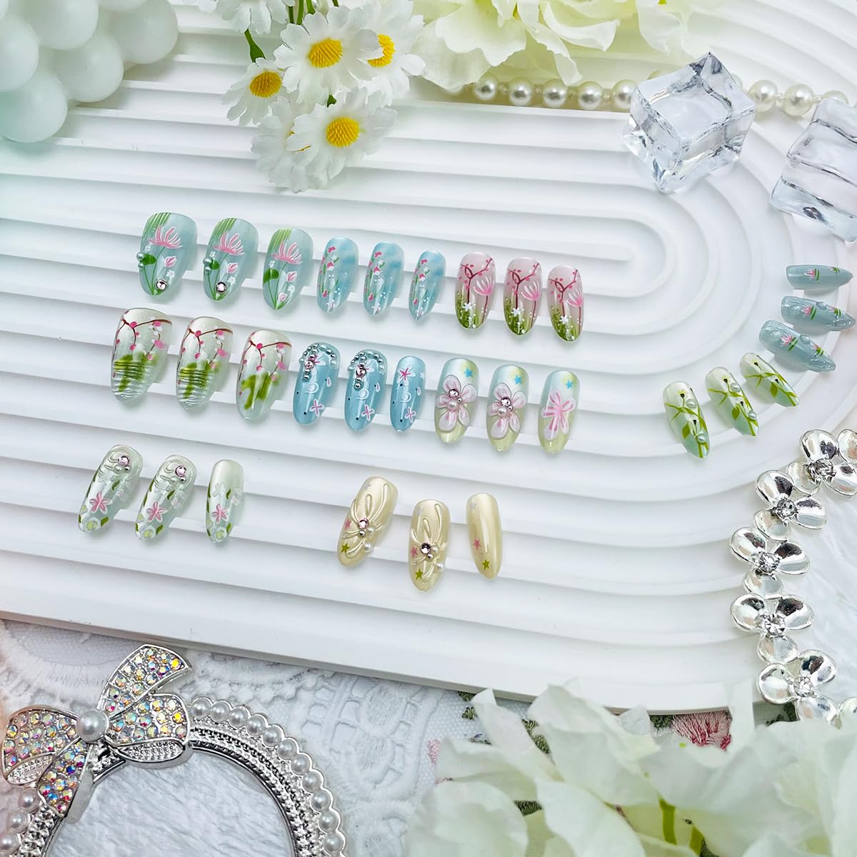 NEWSPIED Medium Almond Press on Nails Spring Summer Floral Fake Nails with Pearl Rhinestone 3D Flower Design Blue Pink Glossy Reusable False Nails Cute Handmade Stick on Nails for Women Manicure 30Pcs
