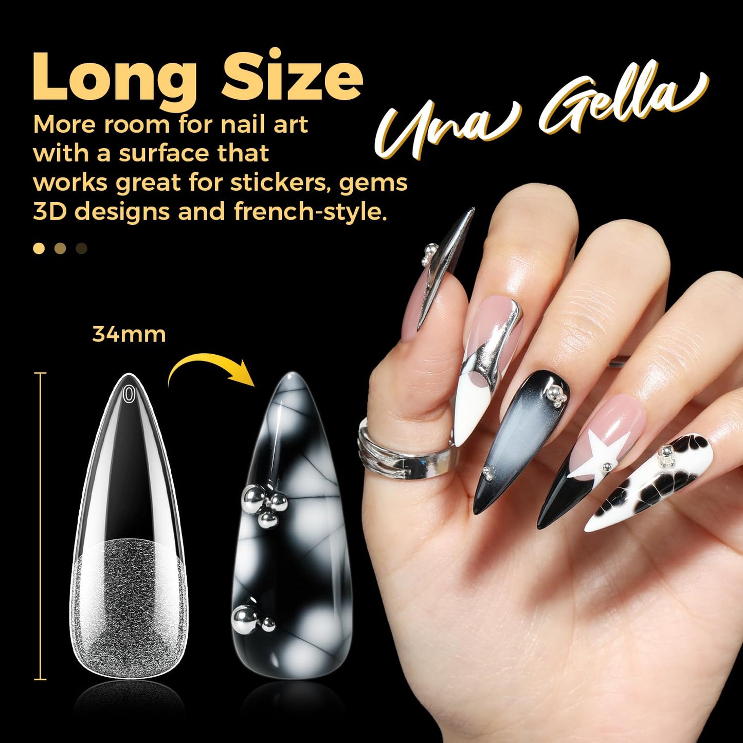 UNA GELLA Long Stiletto Gel Nail Tips 600Pcs Pre Etched Long Stiletto Almond Nail Tips Clear Fake Nails Press on Nails No C Curve for DIY Art Salon at Home 12 Sizes