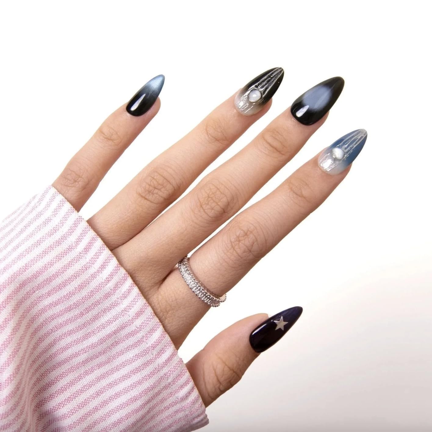 SIYOU Beauty | Dark Aurora | Navy Blue and White Ombre Dark Short Almond Press On Nails for Women (Small) - Reusable, Salon-Quality Fake Nails (10pc)