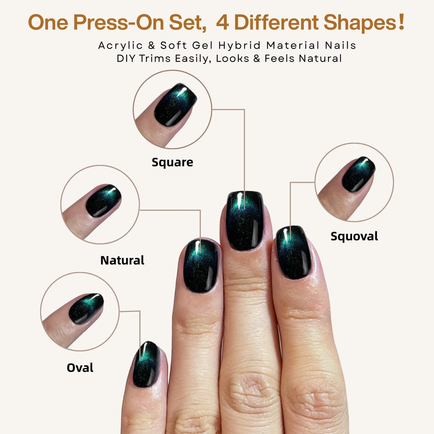 SnypeeLab Green Cat Eye Press on Nails Short Square, French Tip Short Square Glue on Nails for Women Gift, Reusable Soft Press on Acrylic Nail with Designs 30Pcs (Teal Green)