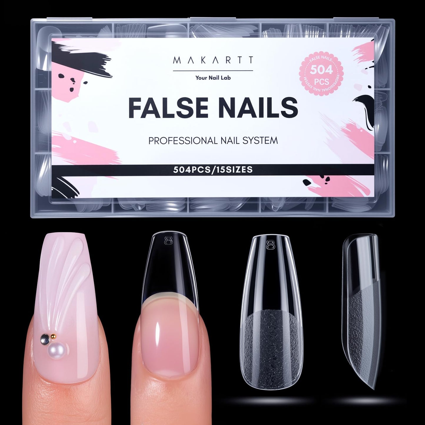 Makartt Medium Coffin Nail Tips: 504 PCS Pre-Etched Clear False Nails Tips, 15 Sizes Full Cover Half Matte Soft Acrylic Press On Nail Extensions Supplies Salon and DIY at Home
