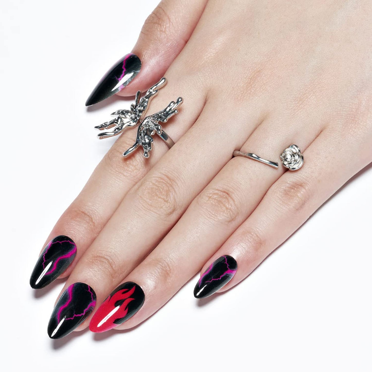 Almond Press on Nails with Red Thunder, GLAMERMAID Black Oval Fake Nails with Design, UV Glossy Finish Cartoon Acrylic False Nail Kits, Fire Stick Glue on Nails Sets Reusable Full Cover Nails for Women Girls Gift, 24Pcs