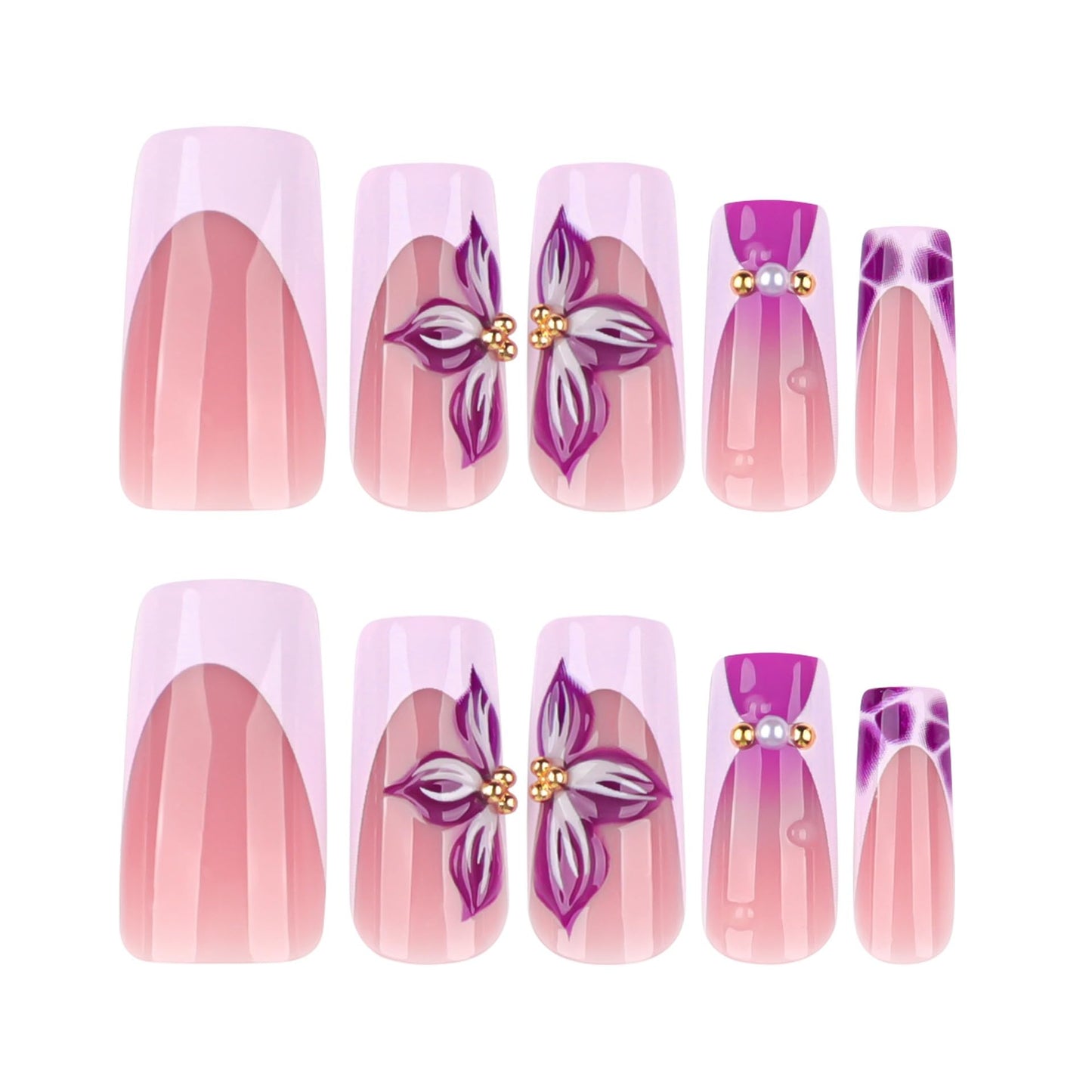 CTTHNBD Square Press on Nails Medium - Purple French Tip Fake Nails with Flower Design - Ombre Stick on False Nails - for Women 24 Pcs
