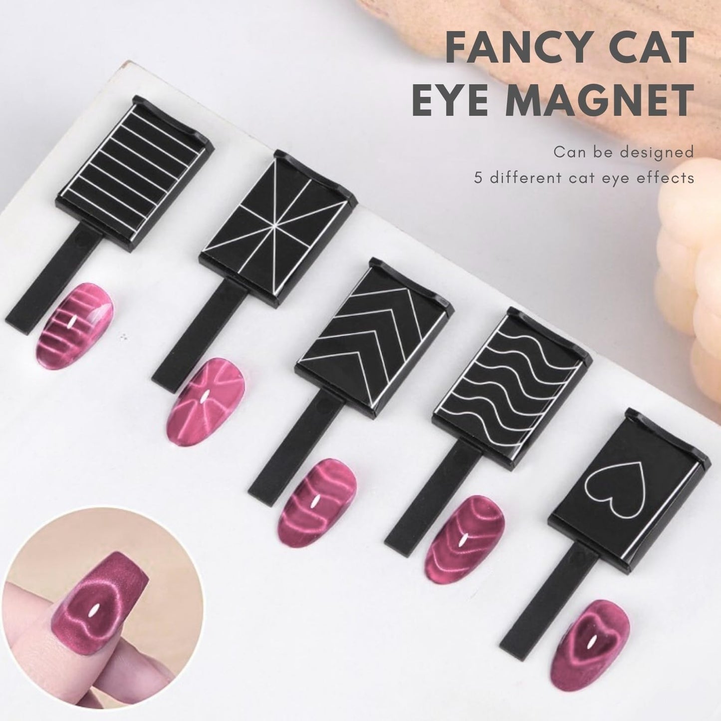 Nail Polish Magnet, 6-in-1 Cat Eye Magnet Kit for Nails, 3-in-1 Nail Polish Magnet Nail Art Tools with 5 Magic Design Plates, For Home DIY & Salon Use, Create Salon Looks Easily (Black)