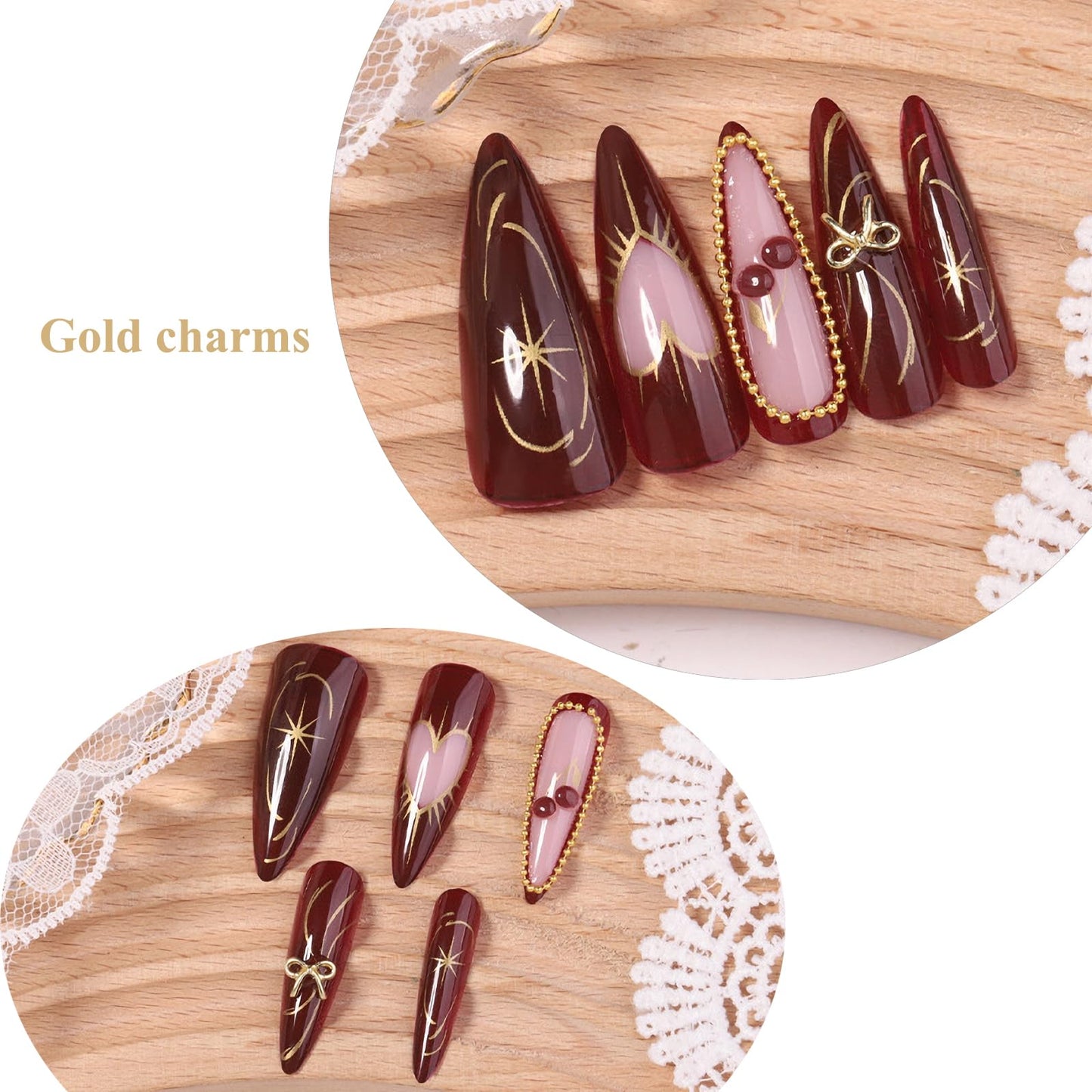 MERVF Press on Nails Long Stiletto, Wine Red French Tip Fake Nails Heart Glue ons Gold Bow Cherry Pearls Design Burgundy Acrylic Nail Glossy 24pcs