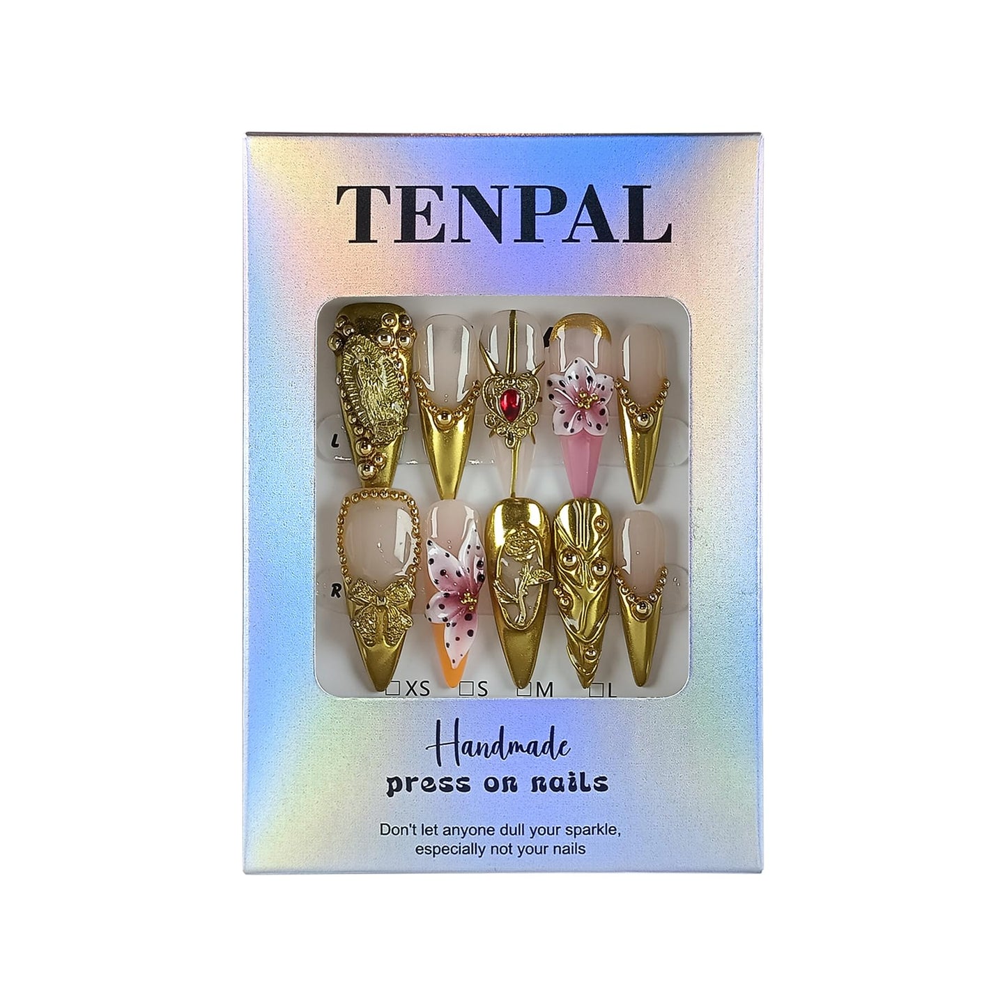 TENPAL Antique Gold French Tips Press on Nails Long Stiletto,Baroque Style Fake Nails with 3D Charms Roses,Cherubs,Bows,Soft Gel Metallic Fake Nails Kit Tools 10pcs,Full Cover Vintage Luxe Nails(M)