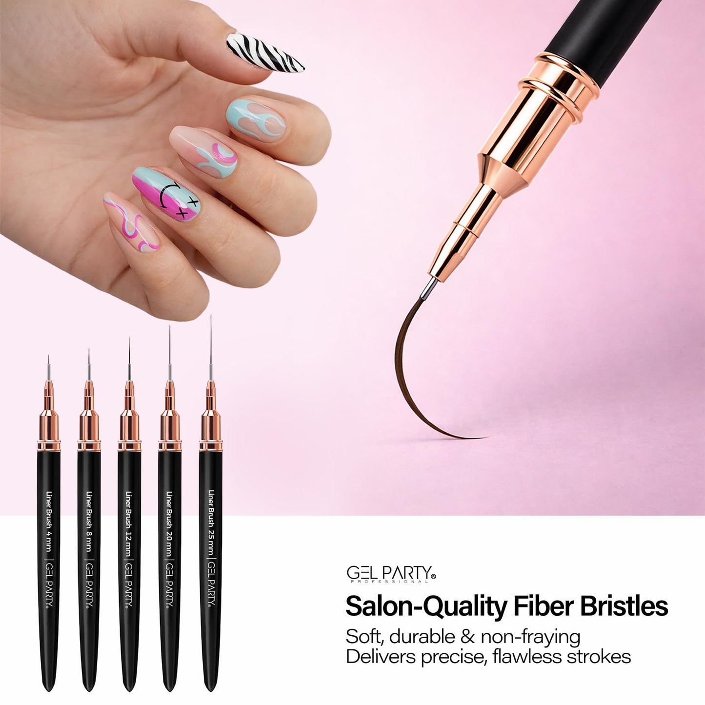 GELPARTY 7Pcs Black Nail Art Brush Set - Professional Ultra-Fine Liner & Detail Brushes for Gel Polish & Acrylic Nails - Includes Purple Agate Palette & Holder - Manicure Design Tool Kit