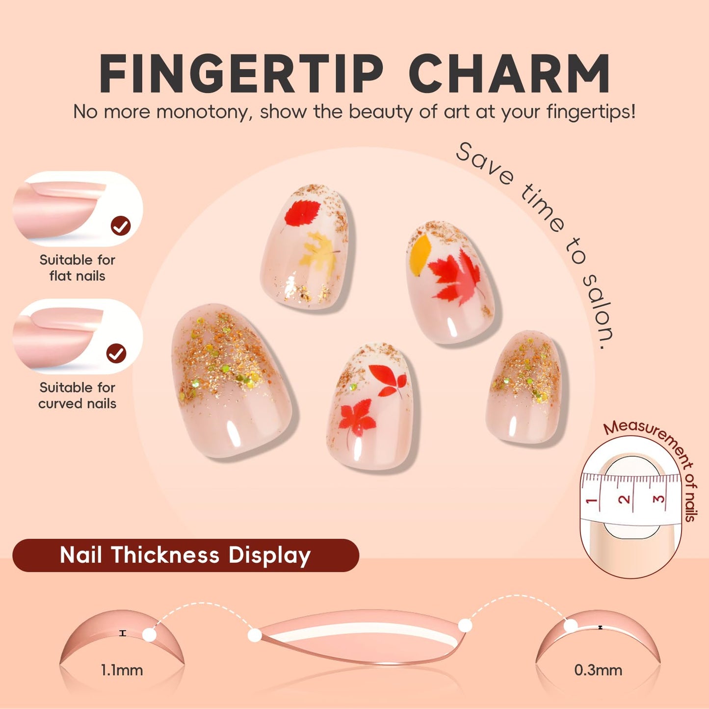 HOSAILY Fall Press-on Nails Extra Short Oval, White Ombre Gradient Base with Red Maple Leaf & Gold Glitter Design, 24pcs Autumn Cute Full Cover Stick on Acrylic Fake Nails with Glue Women Daily Wear