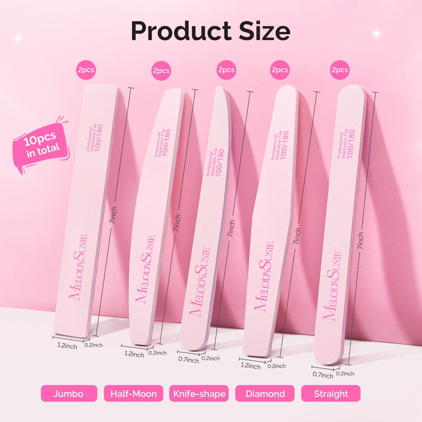 MelodySusie Nail File Kit, 10Pcs Double Sided 100/180 Grit Mixed-Shapee Emery Boards for Nails, Professional Manicure Pedicure Supplies for Home and Salon Use, Mothers Day Gifts, Pink