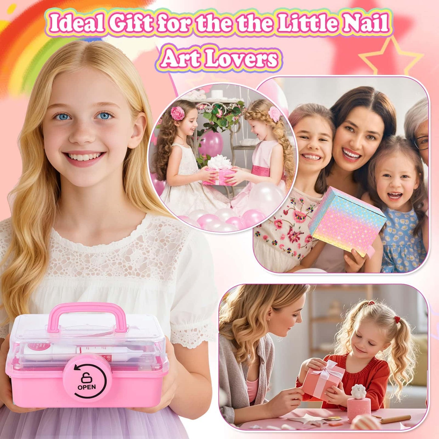 576 Pcs Kids Nails and Glue, Girls Press ons Nail Art Kit with Storage Case, Fake Nails Adhesive, Remover, Rainbow Nail File, Cute Stuff Girls Gift for Kids Age 8-12