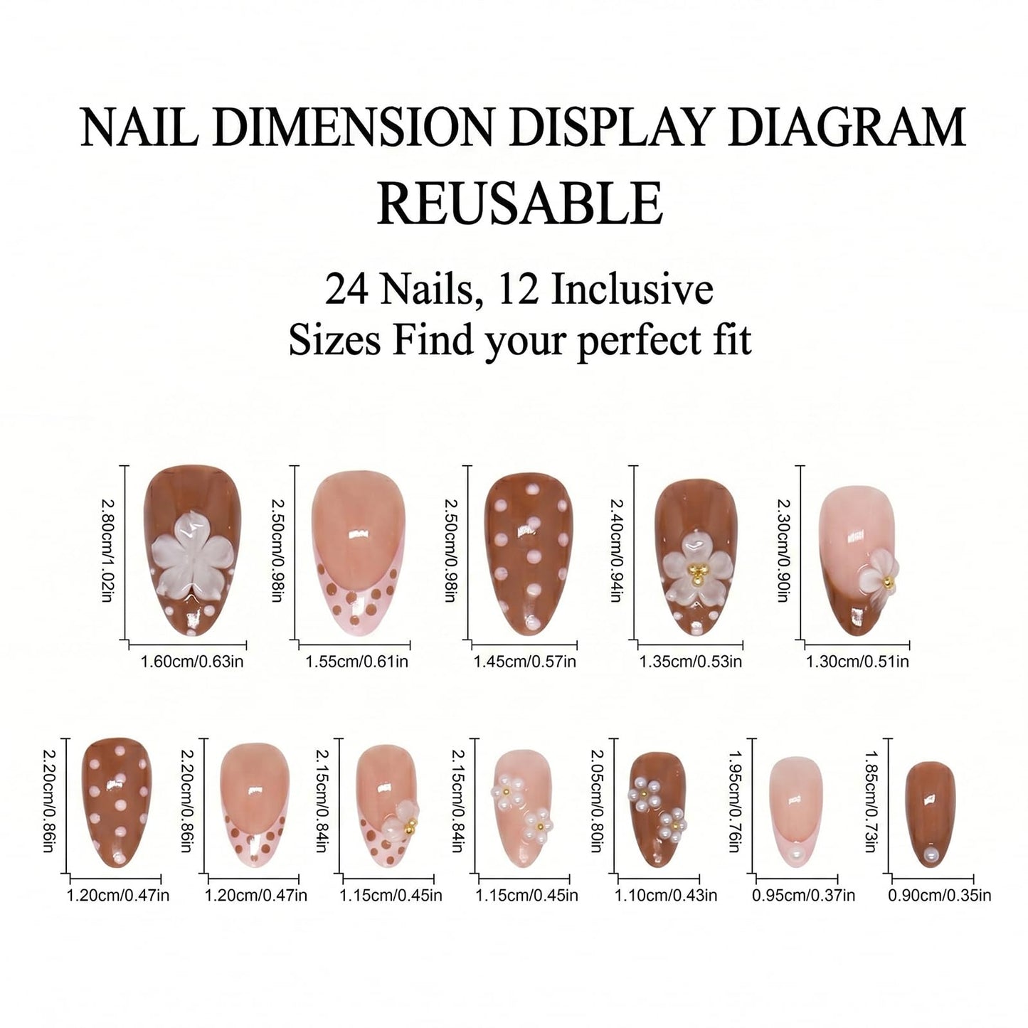 IMRAIN Almond Press on Nails, Medium Fake Nails, Nude Brown French Tip 3D Floral Polka Dot, 24 Pcs Reusable Glue on Nails for Women, Salon Quality