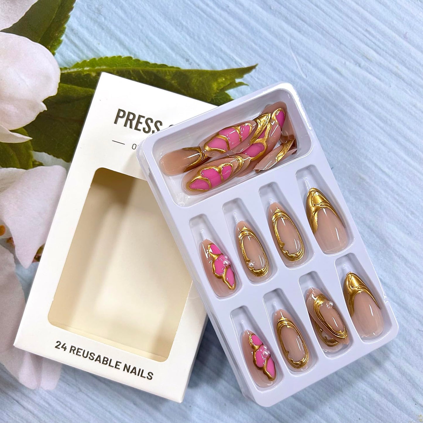 Flower Press on Medium French Tip False Nails - Floral Pearl 3D Gold Lines Design Acrylic Coffin Full Cover Almond Press Ones - Artificial Glue on for Women