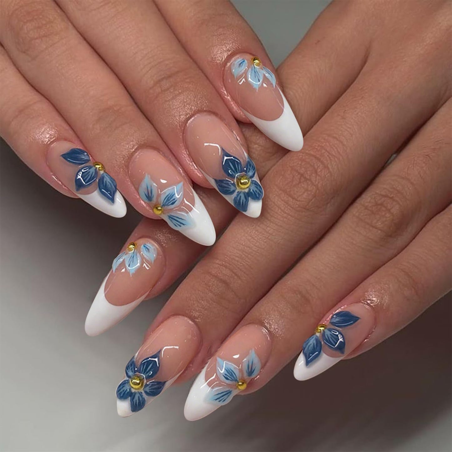 VOTACOS Almond French Tip Press on Nails Medium Blue Nude Acrylic Fake Nails Press Ons with Designs 3D Bead Flower Glue on Nail for Women 24PCS Glossy Floral Reusable Artificial Stick on False Nail