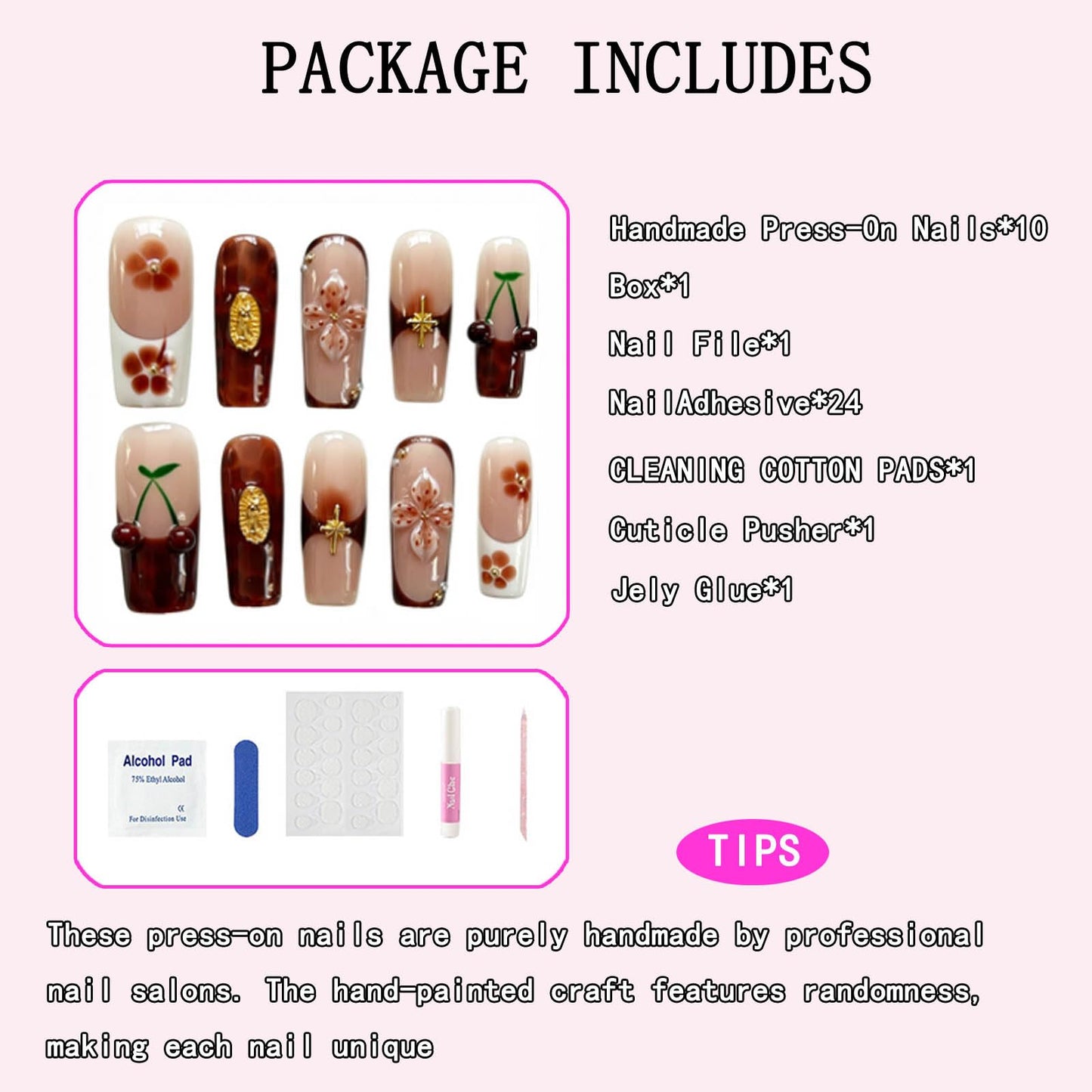 Handmade Press on Nails Long Square 3D Flower Tortoiseshell White French Tip Full Cover Stick on Nail for Women Party & Daily Wear 10Pcs (Size M)