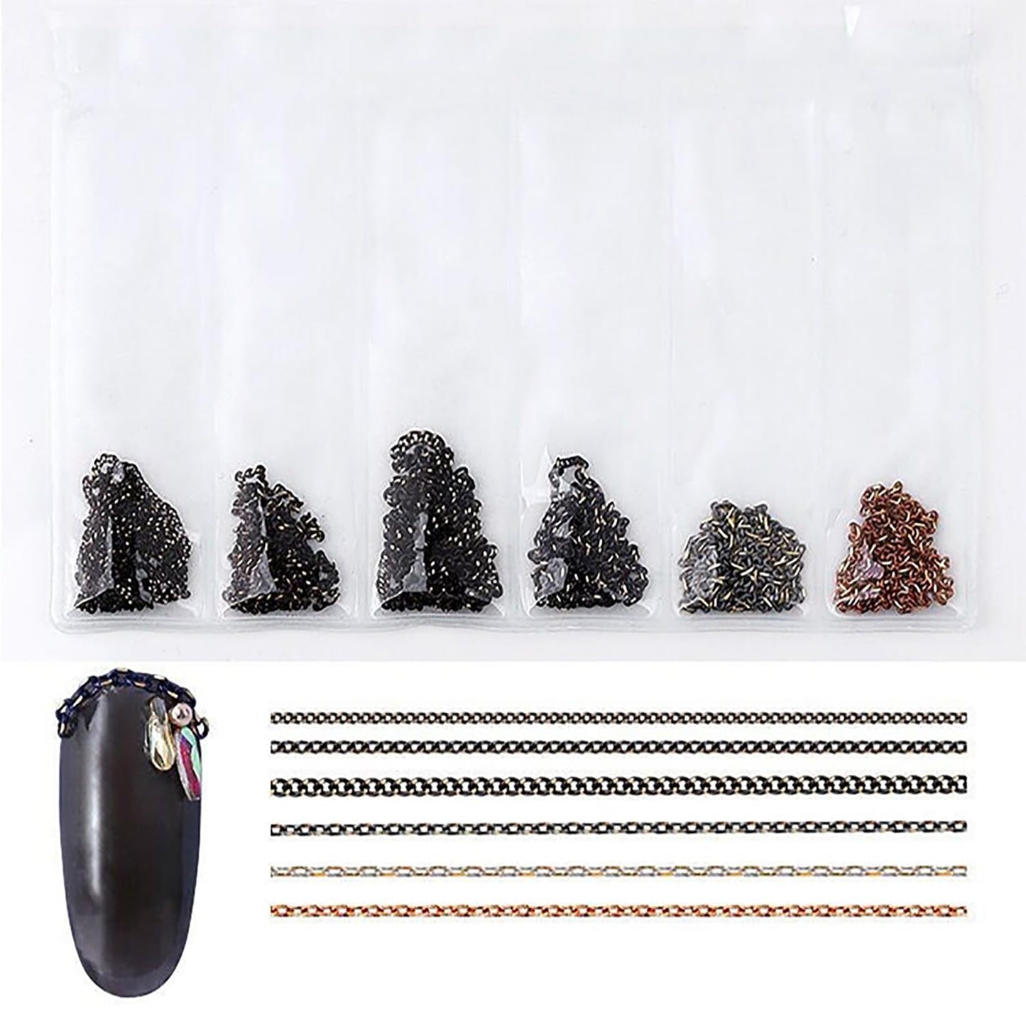 JERCLITY 4 Packs of 24 Strips Nail Chains for Nail Art Gold Silver Black Multi-color Alloy Metal Nail Art Chains Gold Nail Charms Silver Nail Charms Punk Accessories for Women