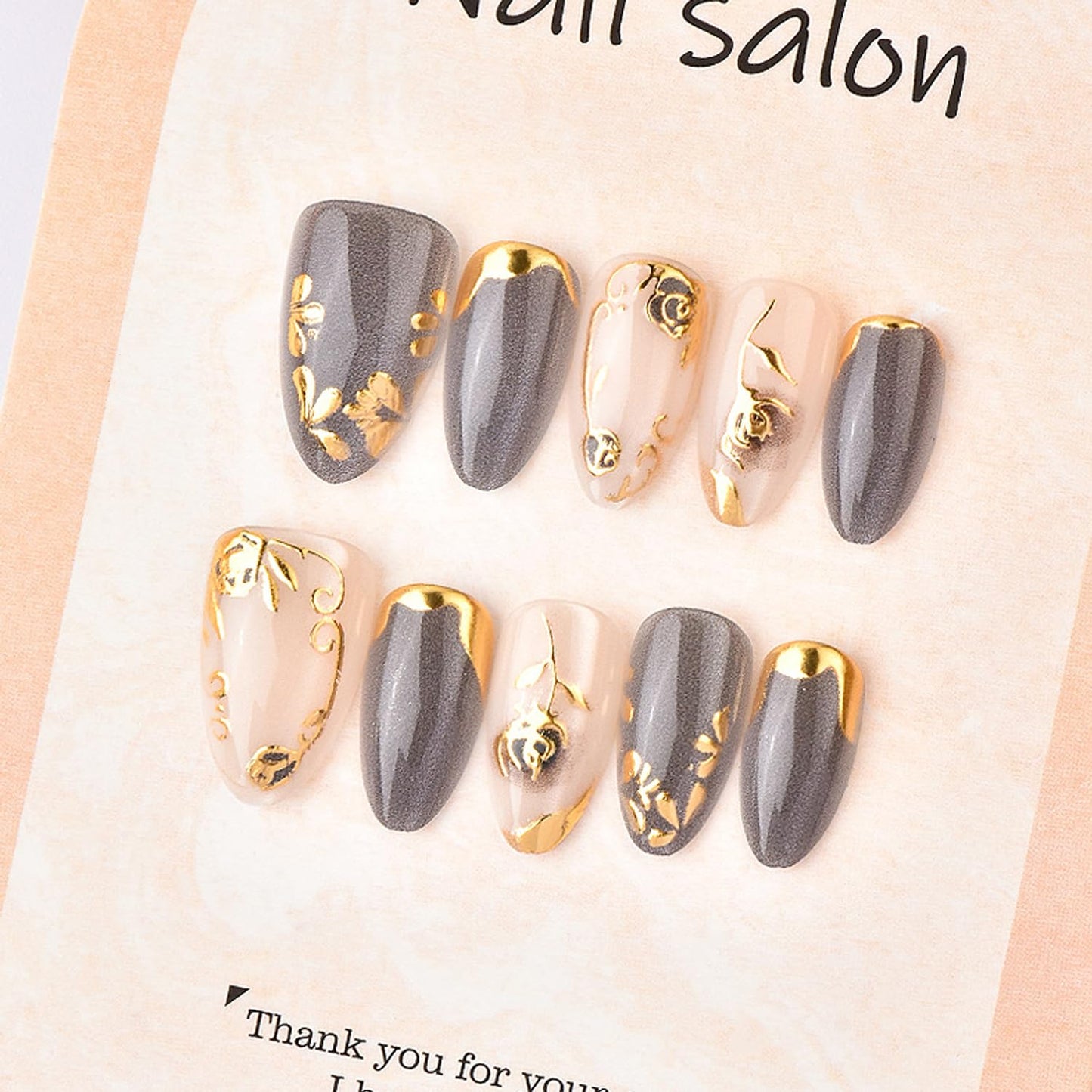 24Pcs Rose Press on Nails Medium Almond Fake Nails with Painted Flowers Boutique Nail Art Flower Rose Full Cover Acrylic Nails Black Gradient Floral False Nail Reusable Gold Stick on Nail for Women