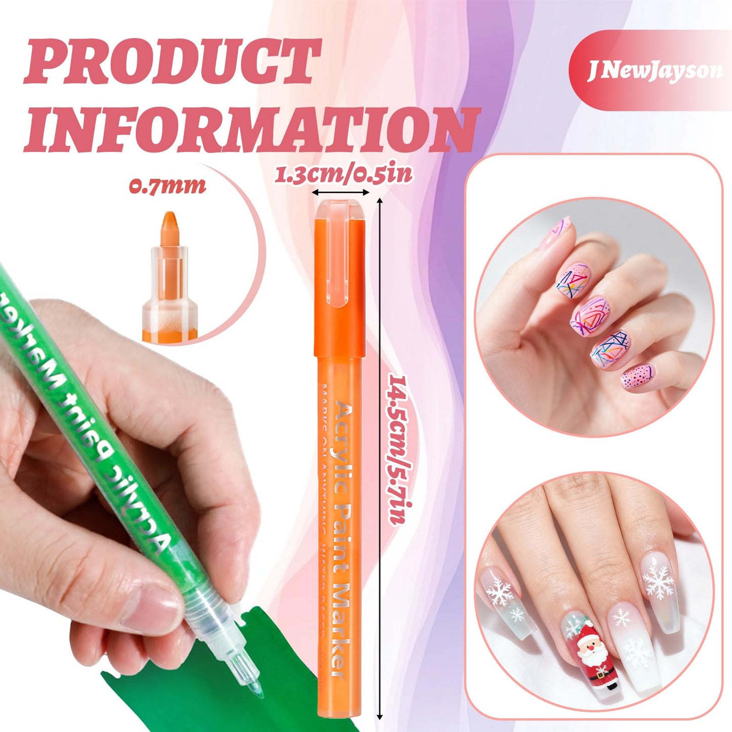 J NewJayson 24 Colors Nail Art Pens Set, 0.7 MM 3D Drawing Painting Dotting Point Liner Nail Art Markers Nail Polish Pens for DIY Nail Art Beauty Manicure Tools