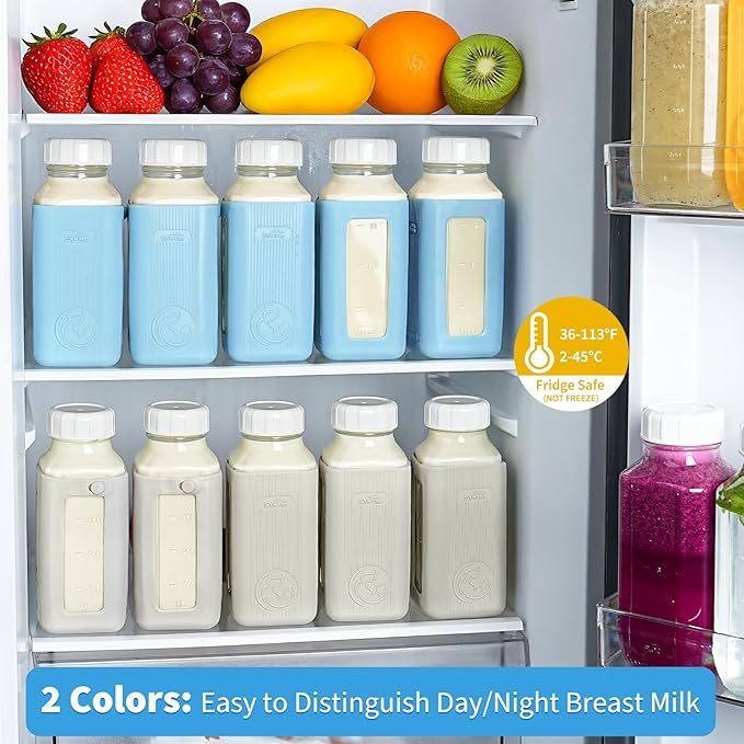 Syntic 1 Pack 16 Oz Glass Milk Storage Bottle with Airtight Lid & Pour Spouts, Milk Storage Containers for Fridge with Clear Scales - Milk Collection Bottles with Gray Protective Case