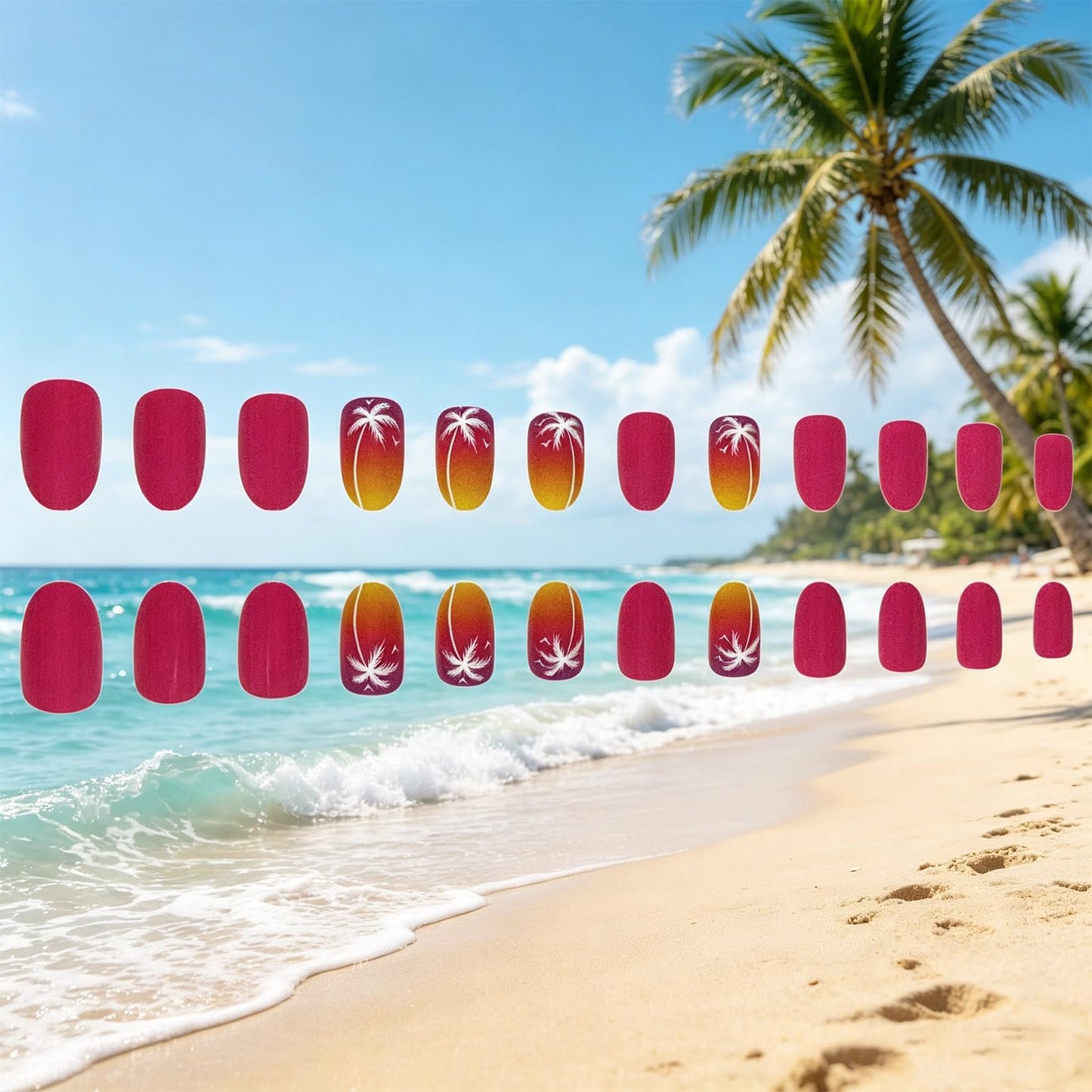 Palm Tree Press on Nails With Sunset Ocean Design, Medium Oval False Nails, Matte Pink Ombre Fake Nail Coconut Glue on Nail, Beach Stick on Reusable Acrylic Fingernails for Women Summer Daily Wear