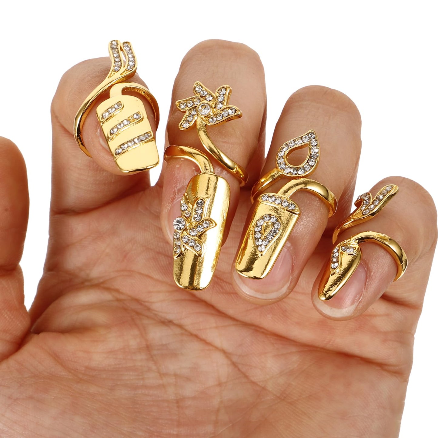 Lurrose Fingernail Rings for Women, Nail Cap Cover Ring Nail Rings Jewelry Fingertip Rhinestone Fingernail Ring Knuckle Nail Ring Decoration, 4pcs (Gold)