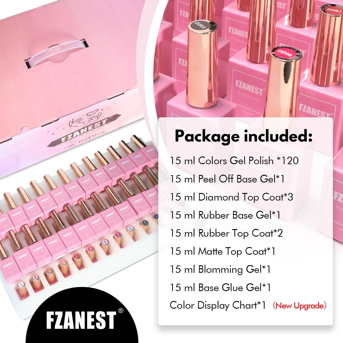FZANEST 130Pcs 15ml Gel Nail Polish Set With Rubber Base Top Matte Coat 120 Colors Pink Nude Red White Black All Seasons Gel Polish Kit Nail Art Starter For Nail Salon Home Gifts for Women and Girls