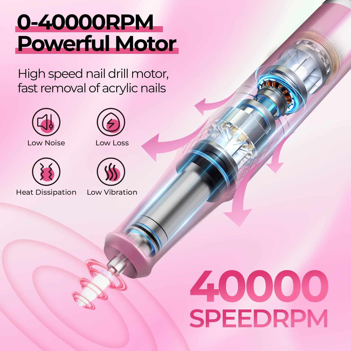 JOSGLOI 40000RPM Electric Nail File Drill Professional Kit, Drill Machine with LCD Display, Manicure Pedicure Polishing Acrylic Gel Nail Grinder for Salon, Home Use