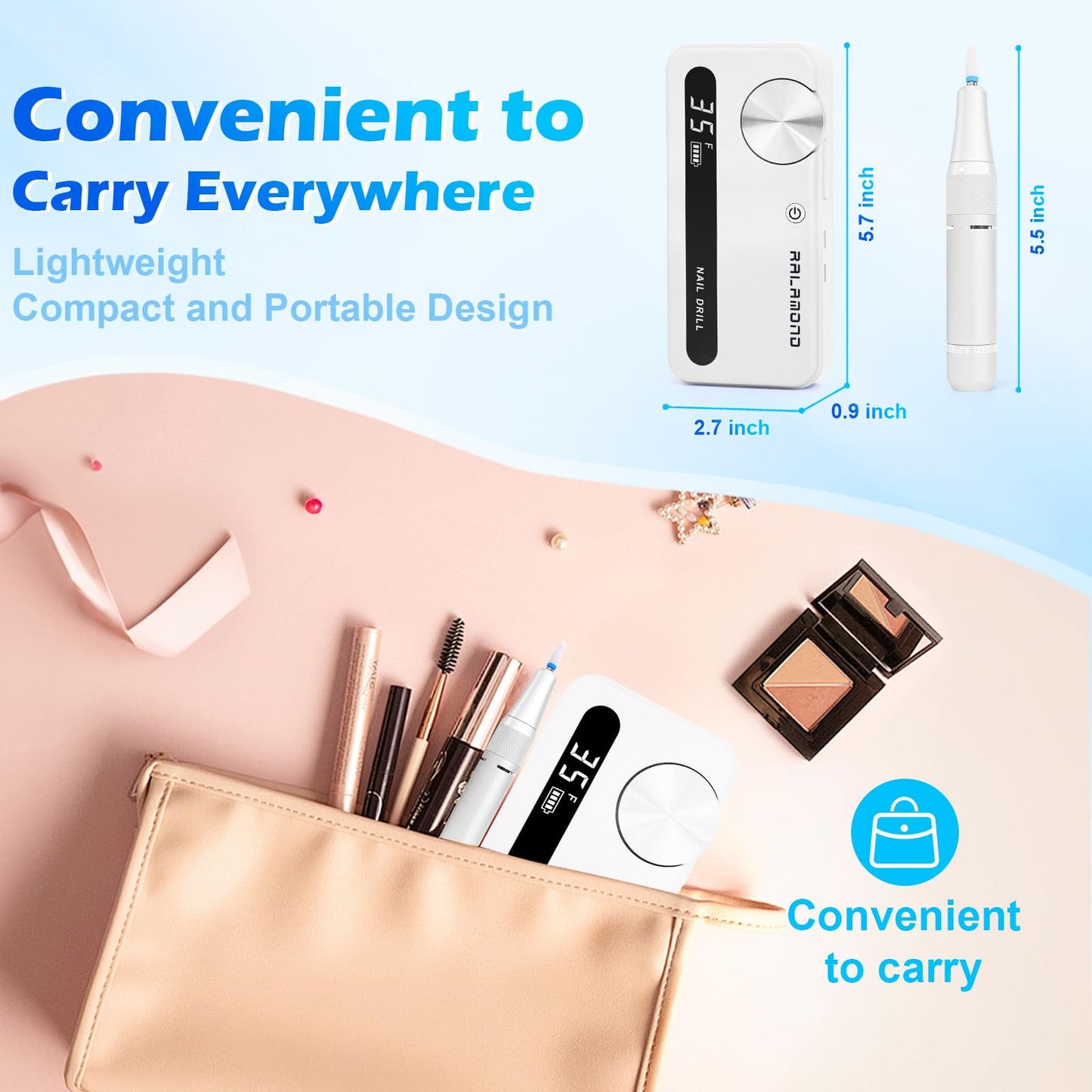 RALAMOND Professional Nail Drill, 35000RPM Electric Nail File, Rechargeable Cordless Machine, Nail Drill Kit with Bits, Portable Electric Nail Filer Manicure Pedicure (White)