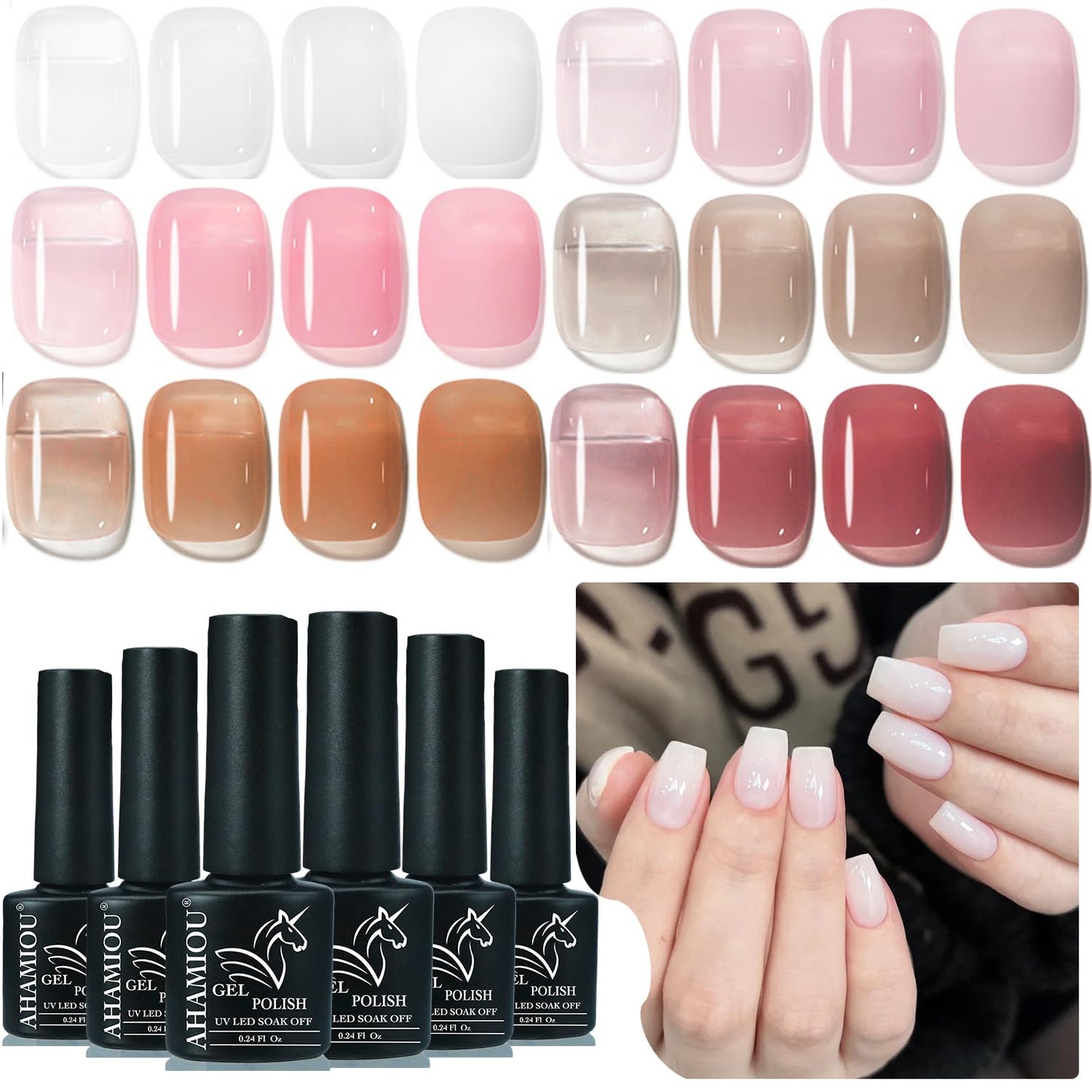 AHAMIOU Gel Nail Polish Nude Gel Polish Kit Sheer Milky White Icy Jelly Translucent Gel Polish Set Color Neutral Soak Off Art Home DIY Manicure Salon Varnish (6Colors set, 6PCS)