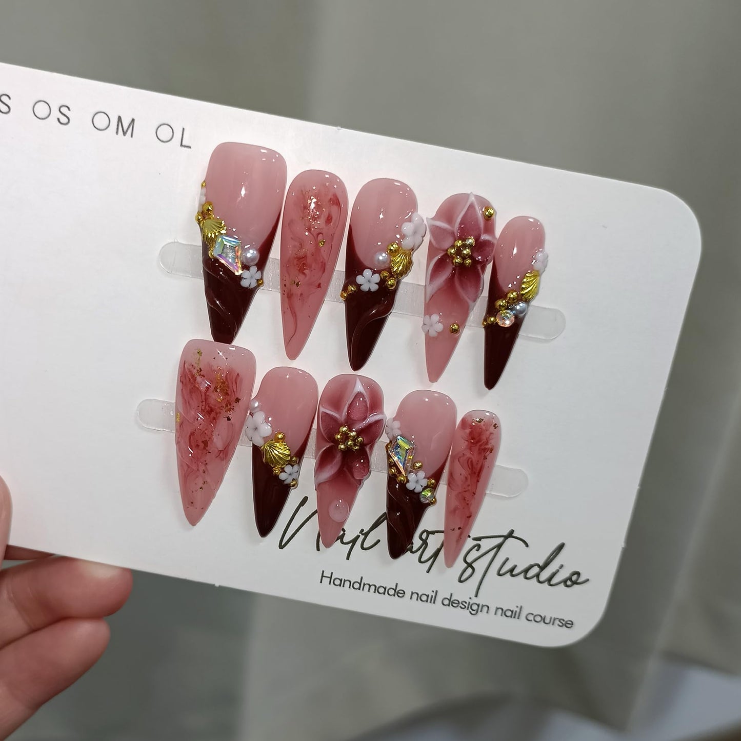TENPAL Handmade Press on Nails Long Stiletto - Burgundy French Tips 3D Floral Embossed Glossy False Nails for Women Girls Fall Winter- Glossy Acrylic Y2K Nails for Parties Date Daily Wear(M)