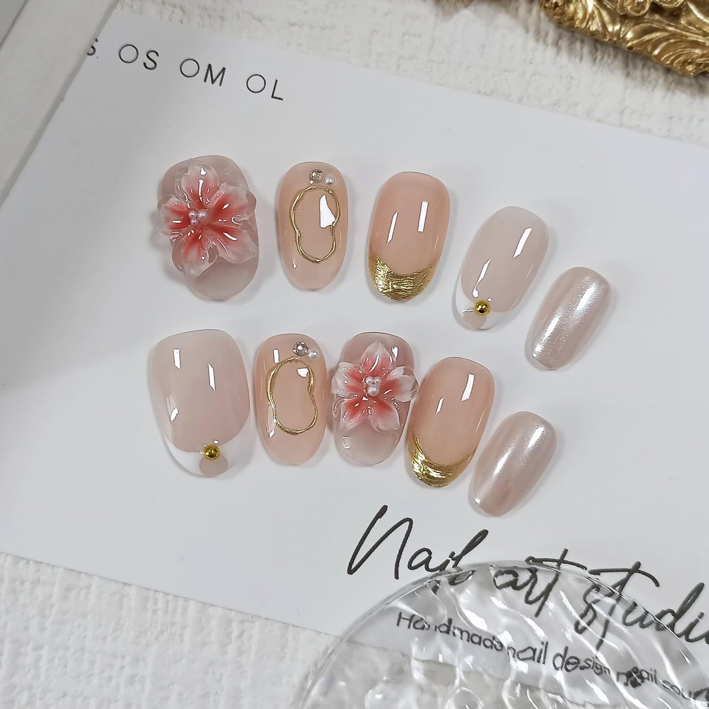 TENPAL Handmade Press on Nails Short Oval Shape,Frosted French 3D Floral Nails with Iridescent Accents,Nude Pink False Nails Kit 10pcs,Ethereal Elegant Designs Fake Nails for Daily(M)