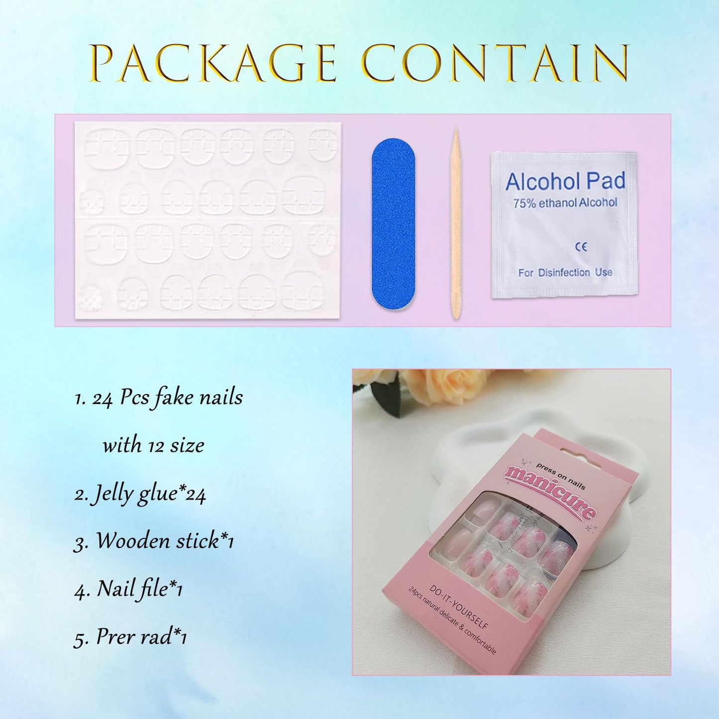 Press on Nails Short Square Fake Nails Press ons Glossy Glue on Nails Cute Pink Ombre Acrylic Nails Marble Artificial Nails Bling Line Stick on False Nails with Design 24 Pcs