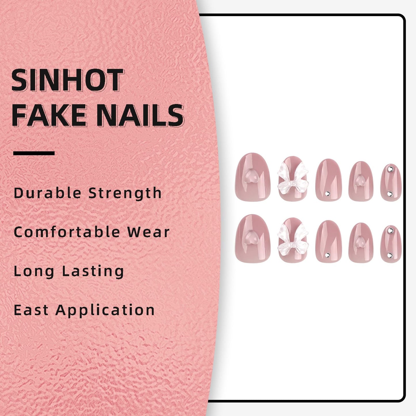 SINHOT Heart Press on Nails Medium Square Fake Nails Glossy Glue on Nails 3D Butterfly Squoval Rhinestones Acrylic Nail Valentines Day Stick on False Nail with Design 24 pcs