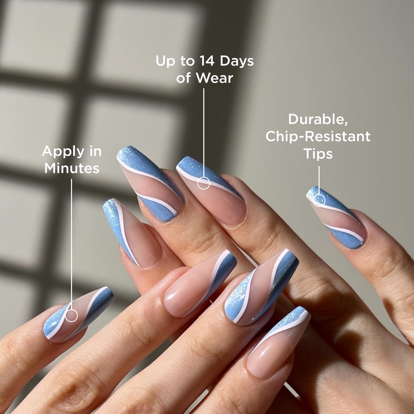 PaintLab Press On Nails - Blue Celestial Waves Coffin Fake Nails, 30 Nails in 15 Sizes with Glue, Reusable Salon Quality Press On Nails