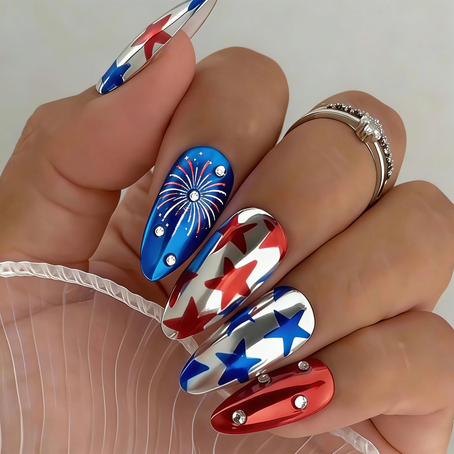 Independence Day Electroplating Press on Nails Medium Almond Fake Nails July 4th Fireworks False Nails with Rhinestones Design Stick on Nails for Women Girls Manicure Decoration 24 Pcs