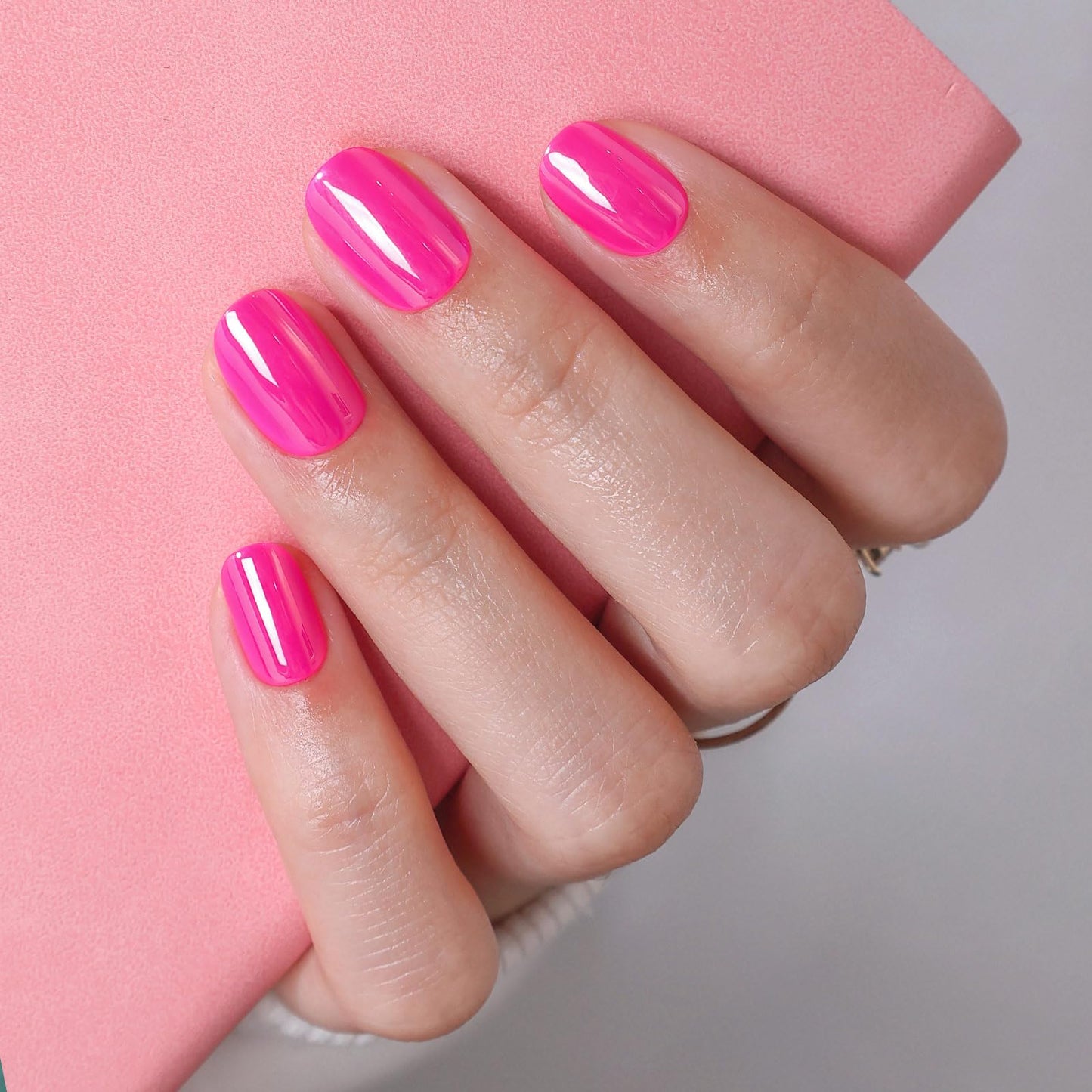 Hot Pink Chrome Press On Nails Extra Short - GJZEZ Soft Gel Shimmer Glazed Donut Square Fake Nail Press Ons, Holographic Pearlescent Iridescent Reusable Glue On Nails in 16 Sizes & 32Pcs, Candy Pink