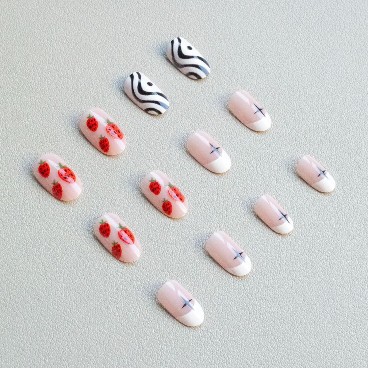 White French Tip Press on Nails Medium Oval Fake Nails Press ons with Strawberry, Striped, Star Design,Cute Reusable Artificial Nail Full Cover Stick on Nails for Women Manicure 24Pcs