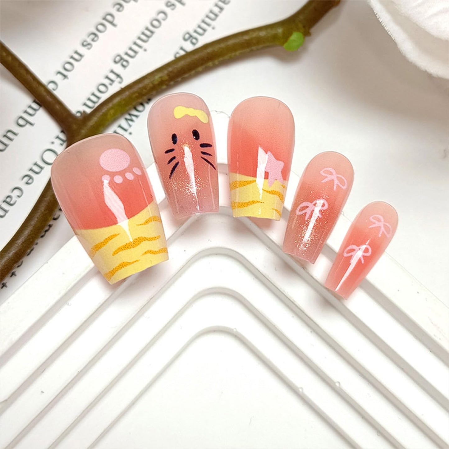24Pcs Cat Face Press on Nails French Tips Acrylic Full Cover Fake Nails Cat Eye Gel Glue on Fingernails Glossy Yellow Bow Medium Coffin False Nail Stars Stick on Nail for Holiday Manicure Art