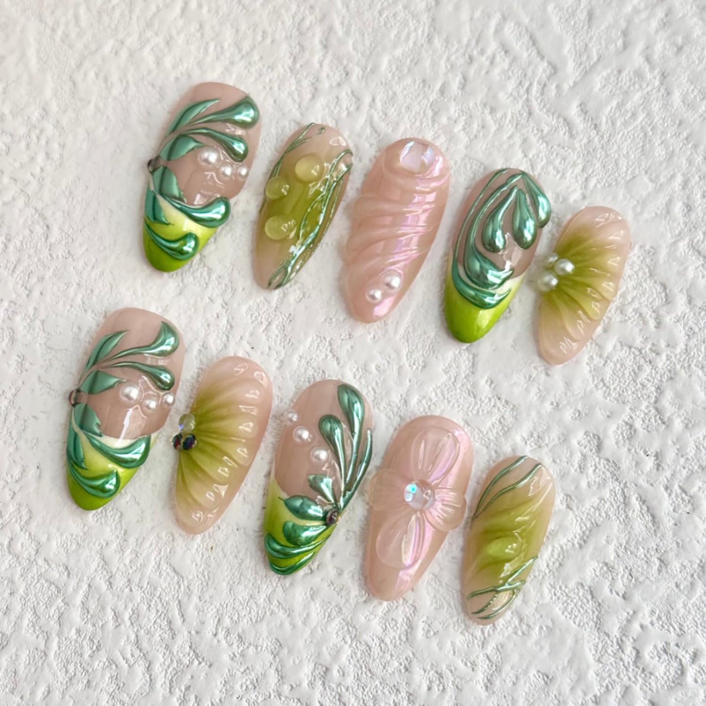 OFDNE Luxury Press On Nails Medium Almond Handmade 3D Unique Reusable ABS Material False Nails Green with Designs Pearls Floral Art Petal Glossy Glue on Nails Thick Acrylic Nails (10 Pieces, 1 Set)