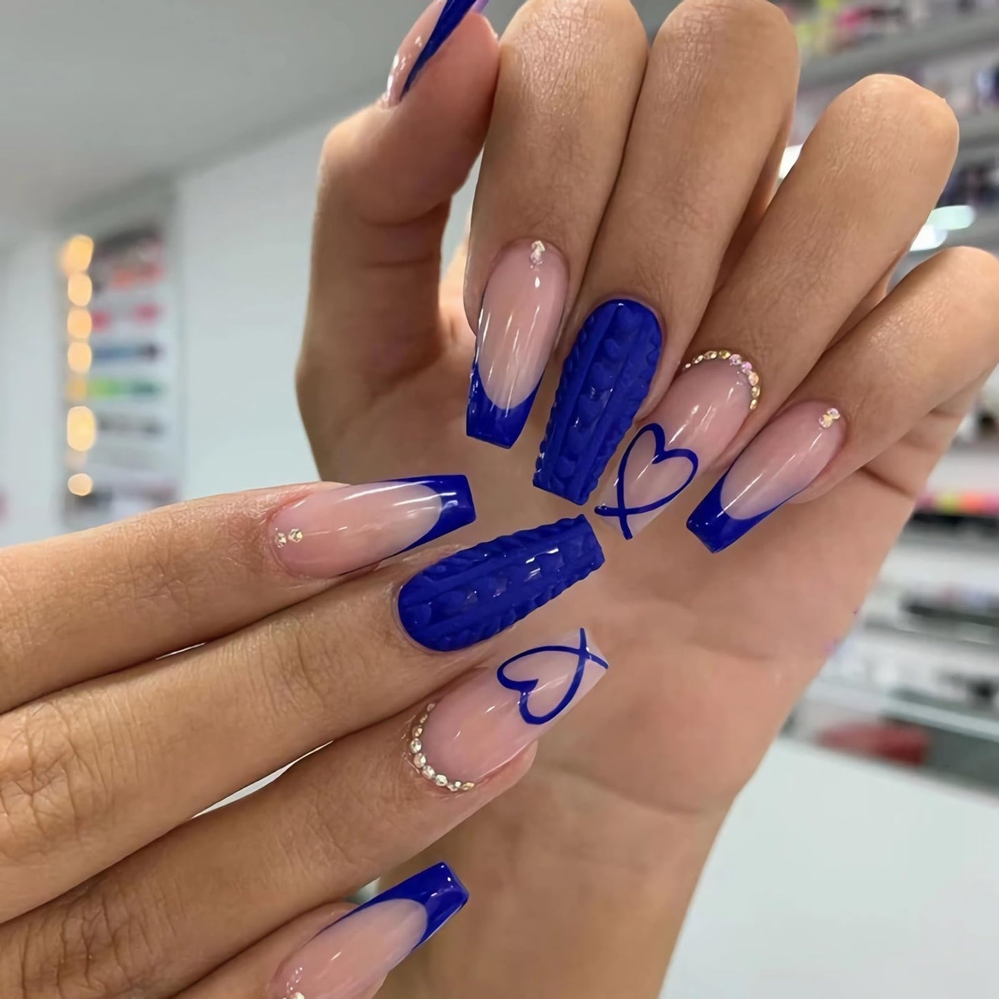 BABALAL Coffin Press on Nails Long Fake Nails Blue French Tip Heart Glue on Nails Rhinestone Ballerina Acrylic Nail for Women and Girls 24Pcs Valentines Press on