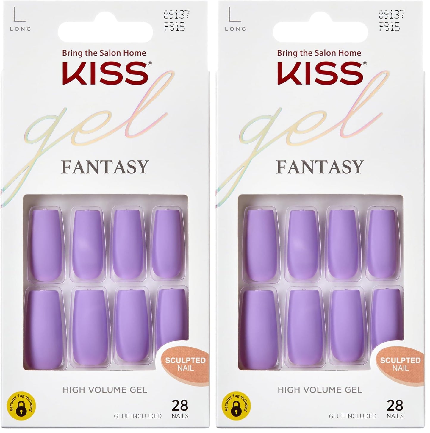 KISS Gel Fantasy Press On Nails, Save', Purple, Long Size, Square Shape, Includes 28 Fake Nails, 2g Pink Gel Nail Glue, 1 Manicure Stick, 1 Mini File (Pack of 2)