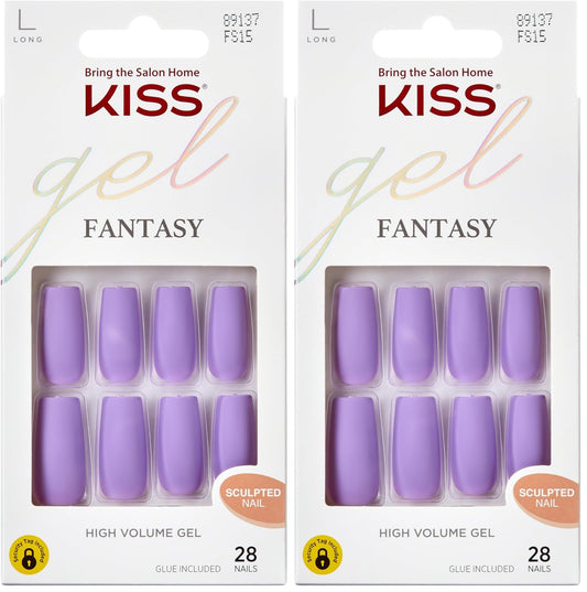 KISS Gel Fantasy Press On Nails, Save', Purple, Long Size, Square Shape, Includes 28 Fake Nails, 2g Pink Gel Nail Glue, 1 Manicure Stick, 1 Mini File (Pack of 2)
