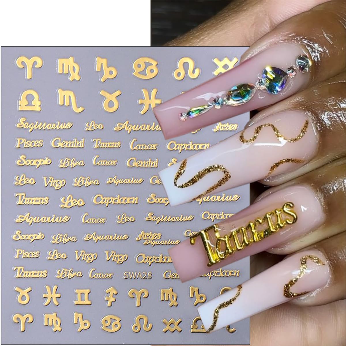 6Pcs Constellation Nail Art Stickers 3D English Letters Nail Stickers for Nail Art Decoration Self-Adhesive 12 Constellations English Nail Design Supplies Gold Silver Pink French Nail Decals for Women